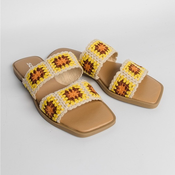 Soda Shoes - Soda Womens Crochet Slide Sandals Size 8 Yellow Sunflower Boho Chic Square Toe